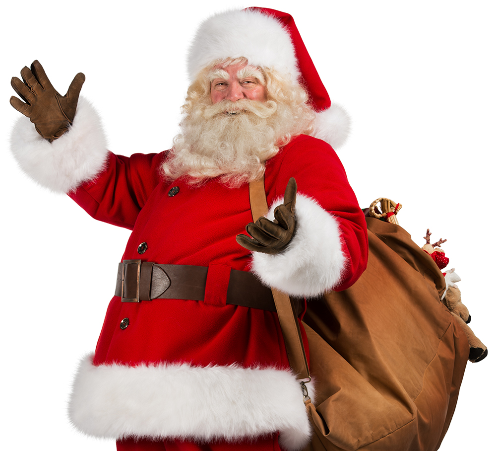 Real,Santa,Claus,Carrying,Big,Bag,Full,Of,Gifts,,Isolated